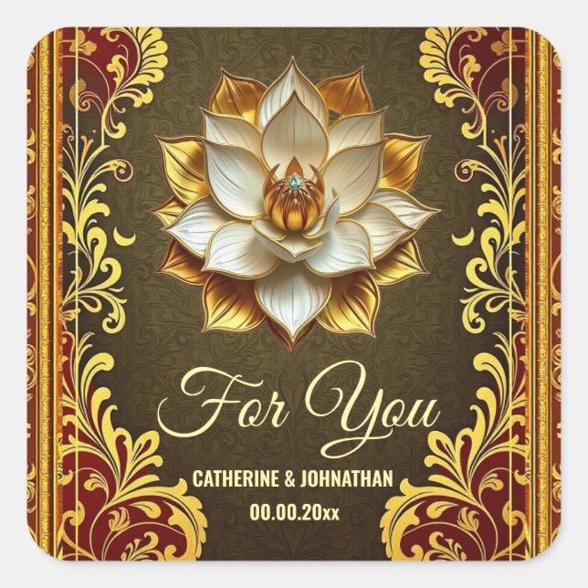 Lotus flower Hindi floral burgundy gold Indian  Square Sticker (Front)