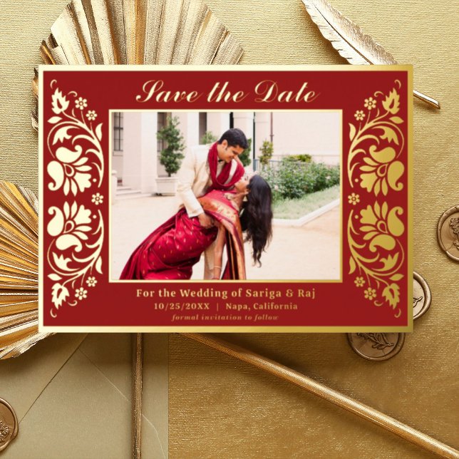 Lotus Flower Indian Save The Date with Photo Gold (Red Indian wedding save the date card with photo, hindu wedding save the date card, lotus flower)