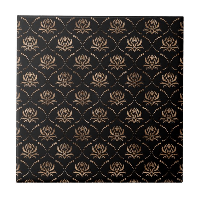 Lotus Flower Luxury pattern - black and gold Ceramic Tile (Front)