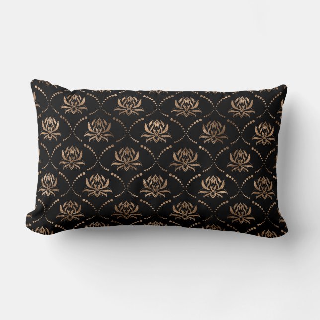 Lotus Flower Luxury pattern - black and gold Lumbar Cushion (Front)