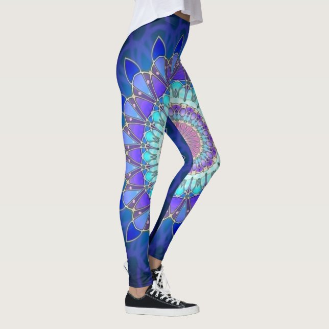 Lotus Flower Mandala - blue cyan violet Leggings (Right)