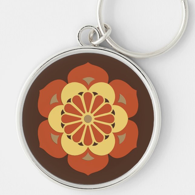 Lotus Flower Mandala, Brown, Rust and Yellow Key Ring (Front)