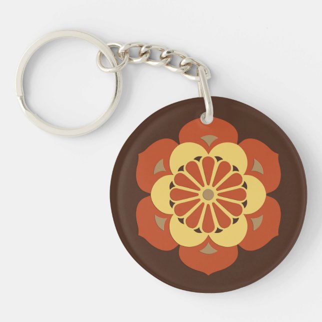 Lotus Flower Mandala, Brown, Rust and Yellow Key Ring (Front)