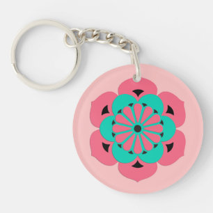 Lotus Flower Mandala, Coral Pink and Turquoise Key Ring