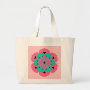 Lotus Flower Mandala, Coral Pink and Turquoise Large Tote Bag