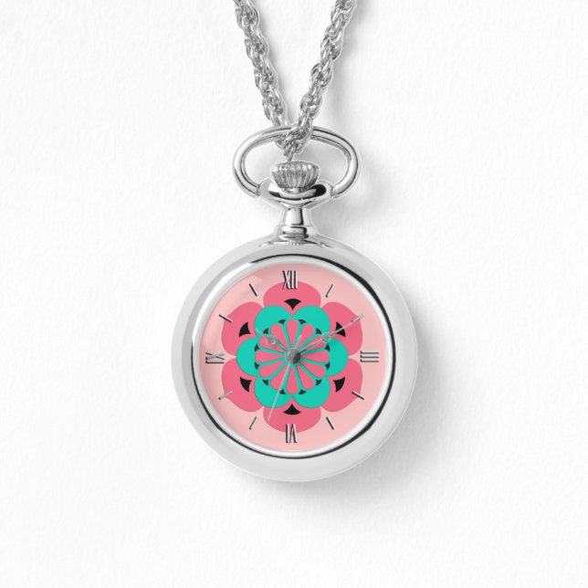 Lotus Flower Mandala, Coral Pink and Turquoise Watch (Front)