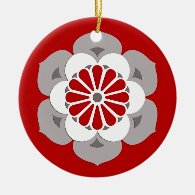 Lotus Flower Mandala, Dark Red, Grey and White Ceramic Ornament (Front)