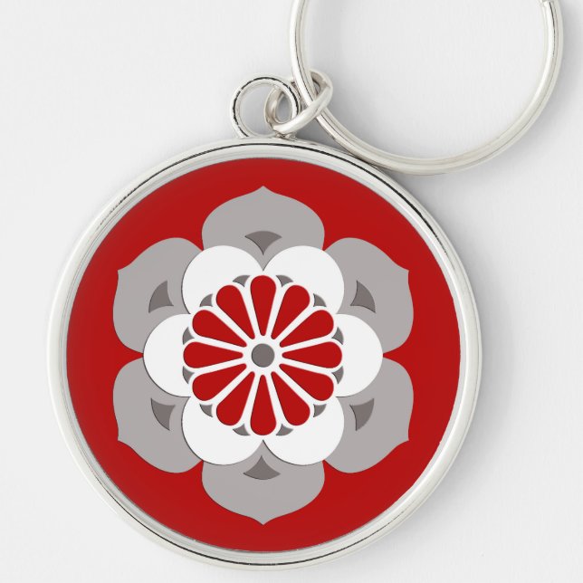 Lotus Flower Mandala, Dark Red, Grey and White Key Ring (Front)
