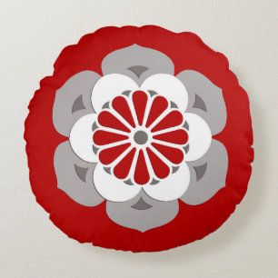 Lotus Flower Mandala, Dark Red, Grey and White Round Cushion