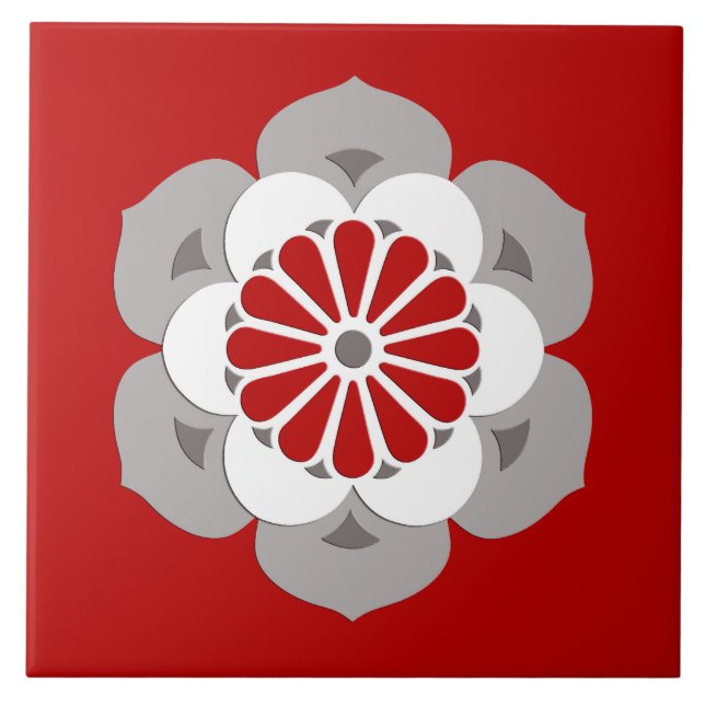 Lotus Flower Mandala, Dark Red, Grey and White Tile (Front)