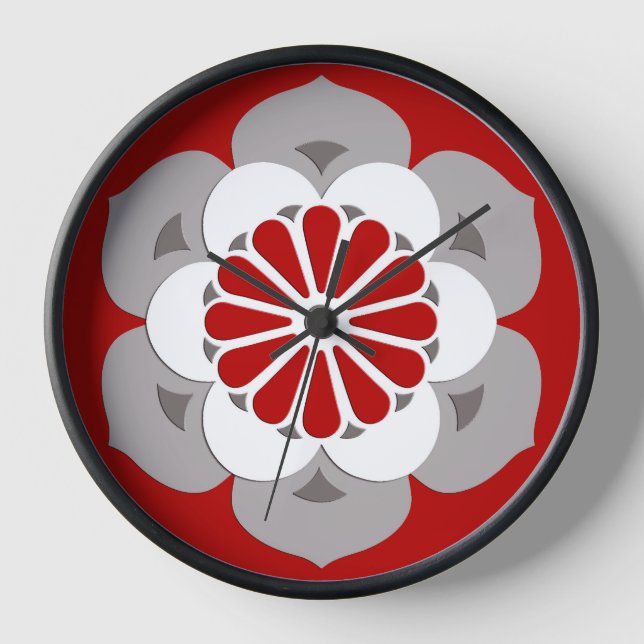 Lotus Flower Mandala, Dark Red, Grey and White Wall Clock (Front)