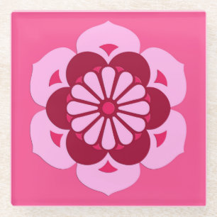 Lotus Flower Mandala, Fuchsia Pink and Burgundy Glass Coaster