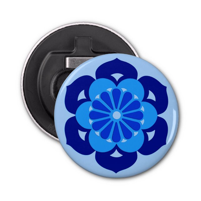 Lotus Flower Mandala, Indigo and Light Blue Bottle Opener (Front)