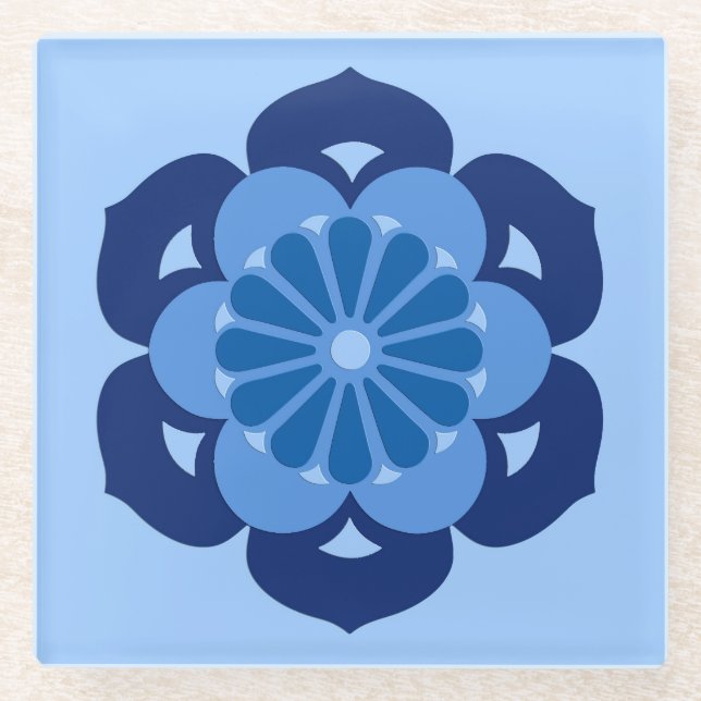 Lotus Flower Mandala, Indigo and Light Blue Glass Coaster (Front)