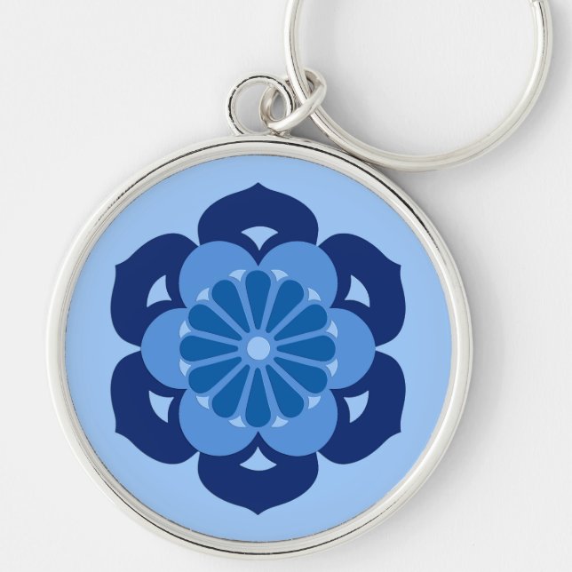Lotus Flower Mandala, Indigo and Light Blue Key Ring (Front)