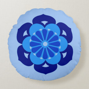Lotus Flower Mandala, Indigo and Light Blue Round Cushion