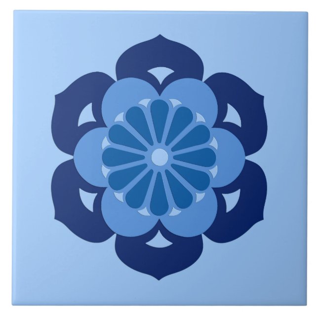 Lotus Flower Mandala, Indigo and Light Blue Tile (Front)