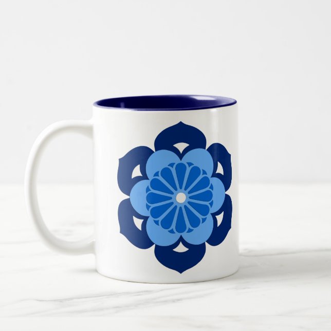 Lotus Flower Mandala, Indigo and Light Blue Two-Tone Coffee Mug (Left)