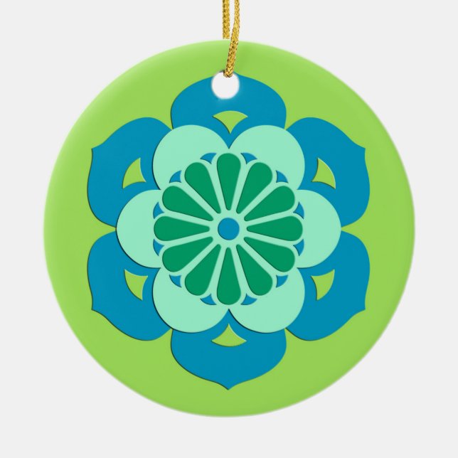Lotus Flower Mandala, Lime Green and Light Blue Ceramic Ornament (Front)