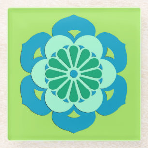 Lotus Flower Mandala, Lime Green and Light Blue Glass Coaster