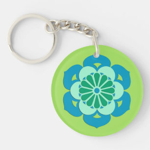 Lotus Flower Mandala, Lime Green and Light Blue Key Ring