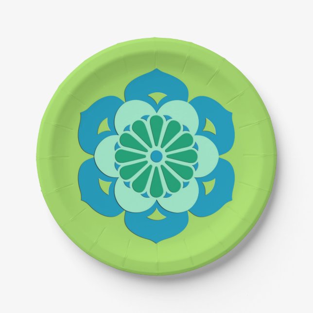 Lotus Flower Mandala, Lime Green and Light Blue Paper Plate (Front)