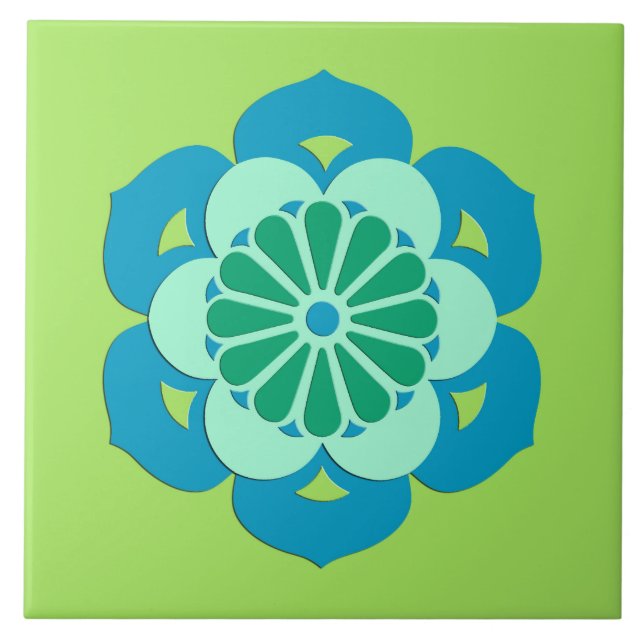 Lotus Flower Mandala, Lime Green and Light Blue Tile (Front)
