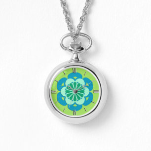 Lotus Flower Mandala, Lime Green and Light Blue Watch