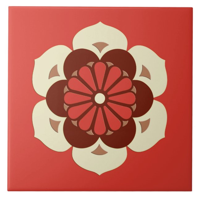 Lotus Flower Mandala, Mandarin Orange Ceramic Tile (Front)