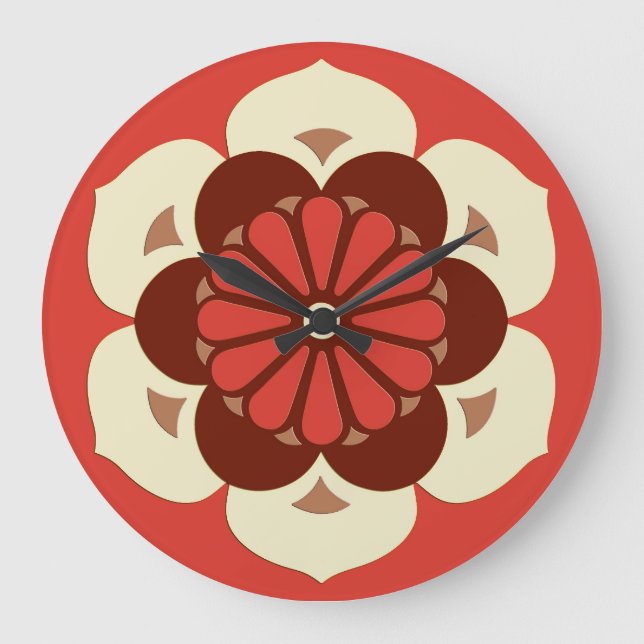 Lotus Flower Mandala, Mandarin Orange Large Clock (Front)
