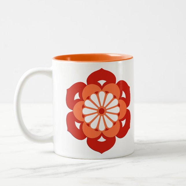 Lotus Flower Mandala, Mandarin Orange Two-Tone Coffee Mug (Left)