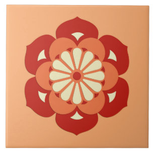 Lotus Flower Mandala, Pastel Orange and Mandarin Ceramic Tile