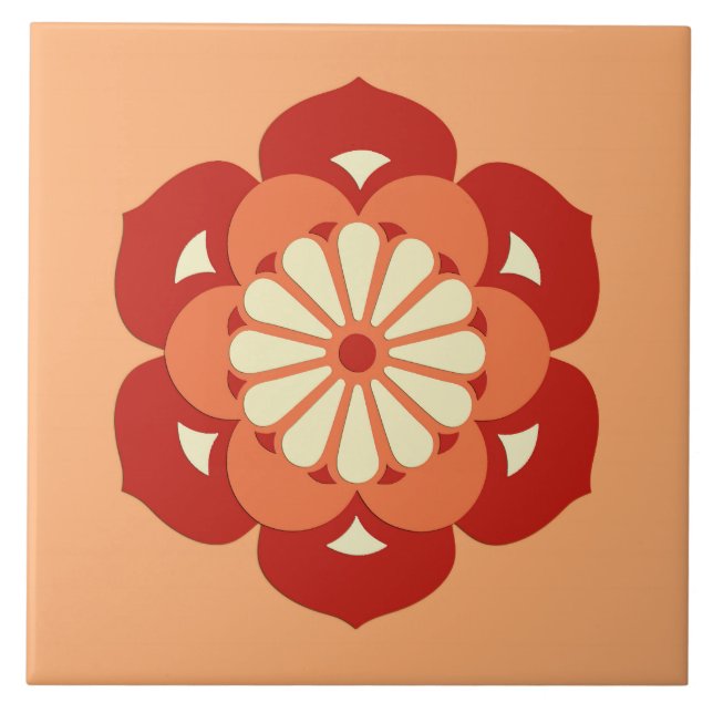 Lotus Flower Mandala, Pastel Orange and Mandarin Ceramic Tile (Front)
