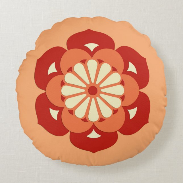 Lotus Flower Mandala, Pastel Orange and Mandarin Round Cushion (Front)