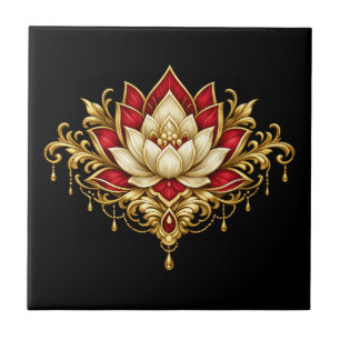 Lotus flower maroon gold black floral indian wall ceramic tile