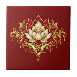 Lotus flower maroon gold burgandy floral wall ceramic tile