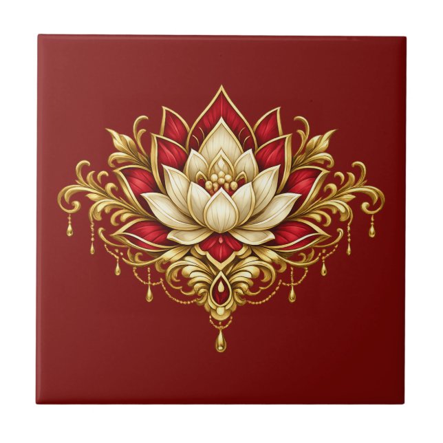 Lotus flower maroon gold burgandy floral wall ceramic tile (Front)