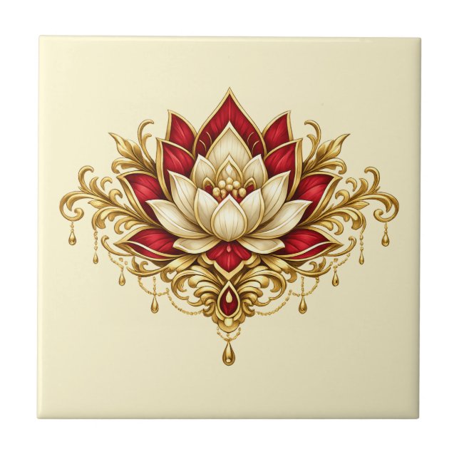Lotus flower maroon gold floral indian wall ceramic tile (Front)