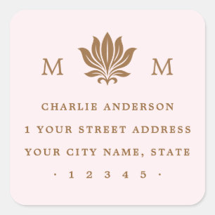 Lotus Flower & Monogram light pink return address Square Sticker