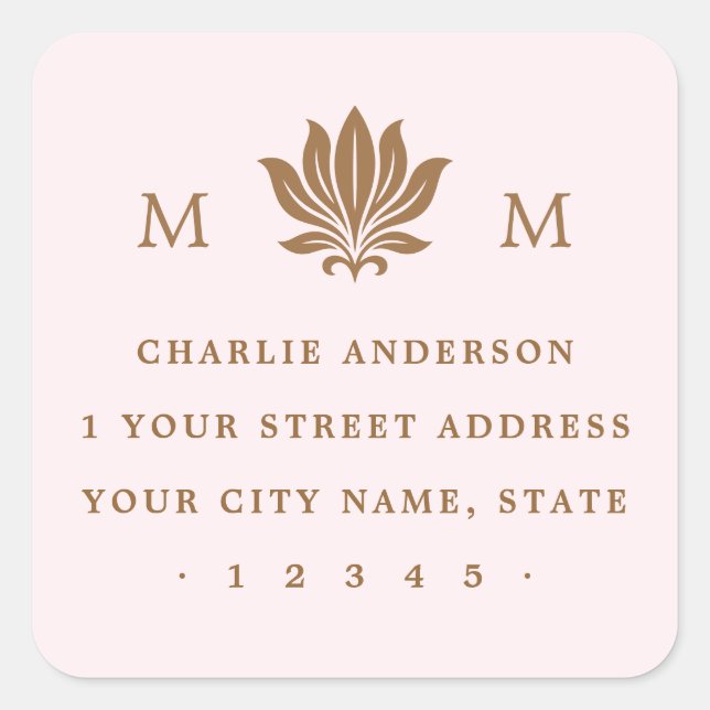Lotus Flower & Monogram light pink return address Square Sticker (Front)