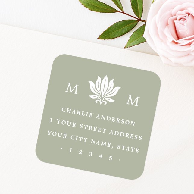 Lotus Flower & Monogram muted sage return address Square Sticker (Lotus Flower & Monogram muted sage return address Square Sticker)