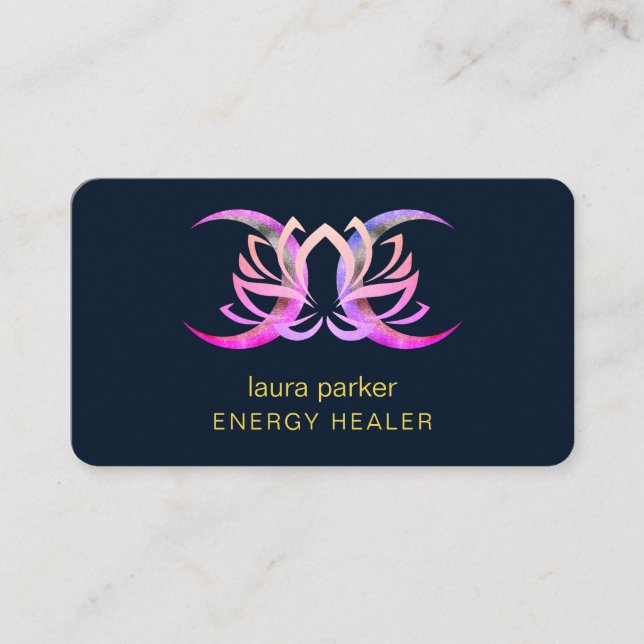 Lotus Flower Mystic Moon Purple Gold  Reiki Healer Business Card (Front)