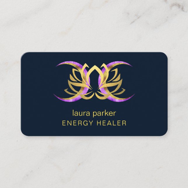 Lotus Flower Mystic Moon Purple Gold  Reiki Healer Business Card (Front)