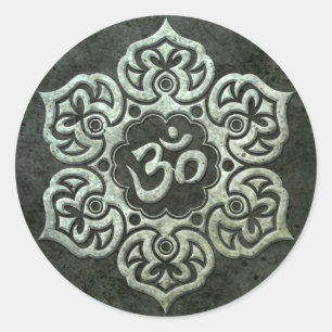 Lotus Flower Om with Aged Steel Effect Classic Round Sticker
