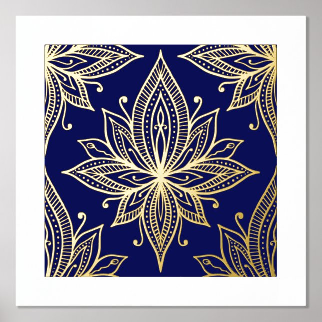 Lotus Flower on Blue Gold Foil Art Print (Front)