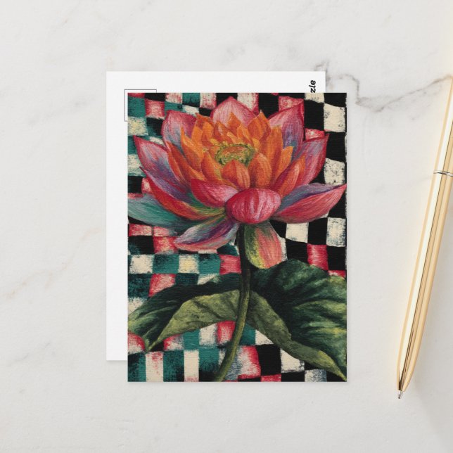 Lotus Flower on Chequerboard Background Postcard (Front/Back In Situ)