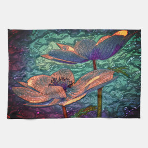 Lotus flower on water green purple gold floral tea towel
