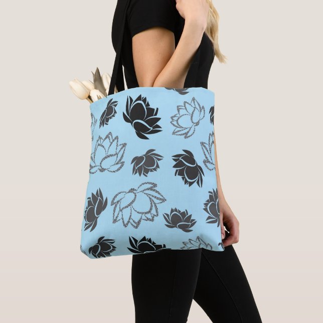 Lotus Flower Pattern in Grey Colour Tote Bag (Close Up)
