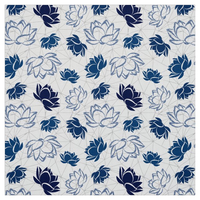 Lotus Flower Pattern with Blue Glitter Fabric (Swatch)