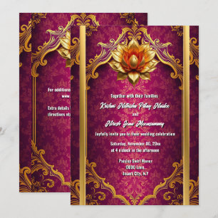 Lotus flower plum gold Hindi Hindu wedding elegant Invitation